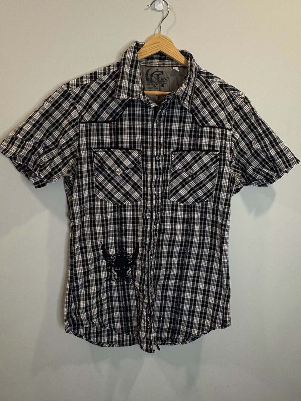 Guess Black and White Plaid Short Sleeve Western Snap Shirt with Skull Embroider